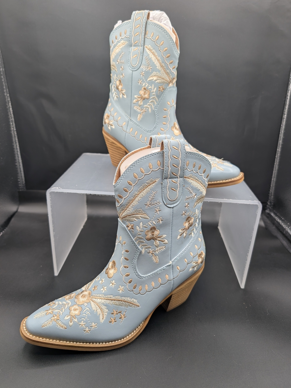 Women's Embroidered Western Ankle Boots - Light Blue